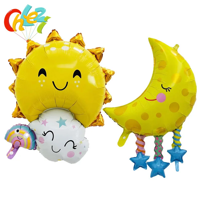 2 шт. Улыбающиеся радужные солнечные фольгированные шары, лунное ожерелье, гелиевый шарик с изображением мультяшки, украшение для детской вечеринки по случаю рождения, декорация для вечеринки для детей