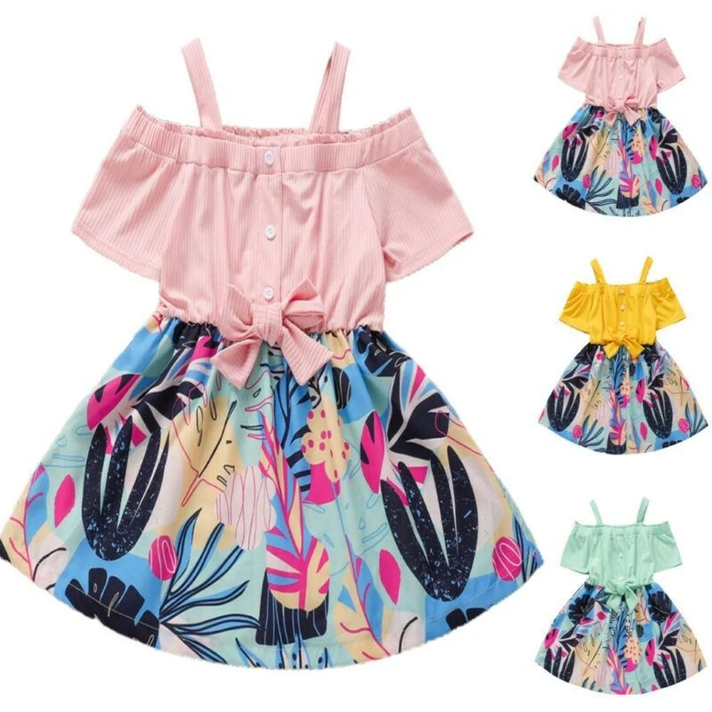 

Girls Kids Short Sleeve Dress Summer Lovely Solid Color Suspender Off Shoulder Top Stitching Casual Fashion Printed Dresses