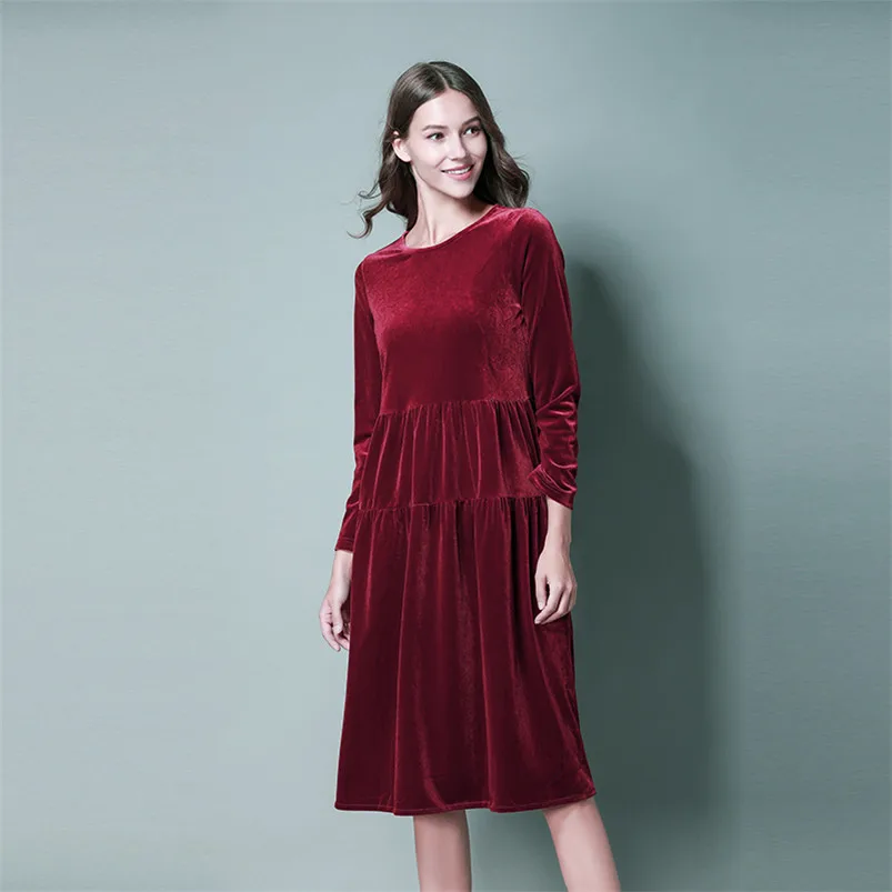 

Women's Solid Velvet Midi Dress Autumn Full Sleeve O-Neck Loose Soft Dress Elegant Evening Party Dress