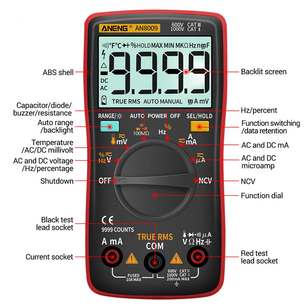 AN8008 мультиметр Цифровой 9999 отсчетов с подсветкой AC/DC Амперметр Вольтметр Ом