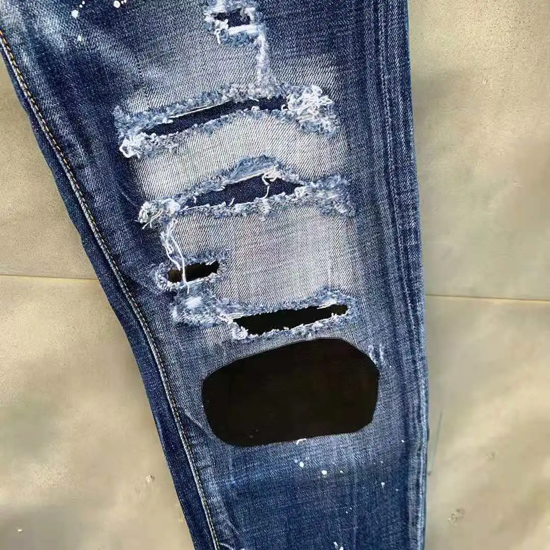 New DSQUARED2 Men's/Women's Ripped Jeans, Fashion Washed Frayed Patch, Paint Made Old Stretch Pants 005