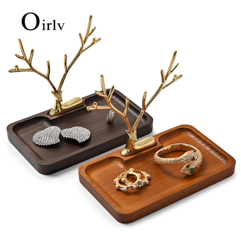 Oirlv New Wooden Deer Earring Necklace Pendant Bracelet Metal Walnut Jewelry Cases Display Stand Tray Tree Storage