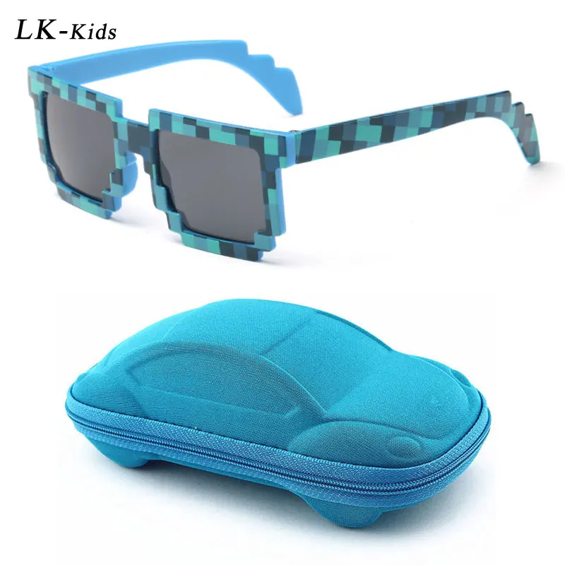 

LongKeeper Fashion Kids Sunglasses With Case Children Cool Mosaic Goggle Boys Girls Pixel Square Eyewear Gift Set Oculos de sol