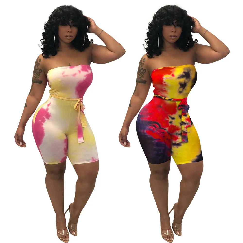 

FNOCE Cross-border Foreign Trade Summer Women's sexy Fashion Casual Sleeveless Tie-dye Chest-wrapped Women's conjoined Shorts