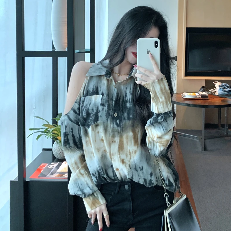 

Women Vintage Ink Painting Printing Casual Shirt Blouses Women Long Sleeve Off Shoulder Chic Blusas Retro Tops