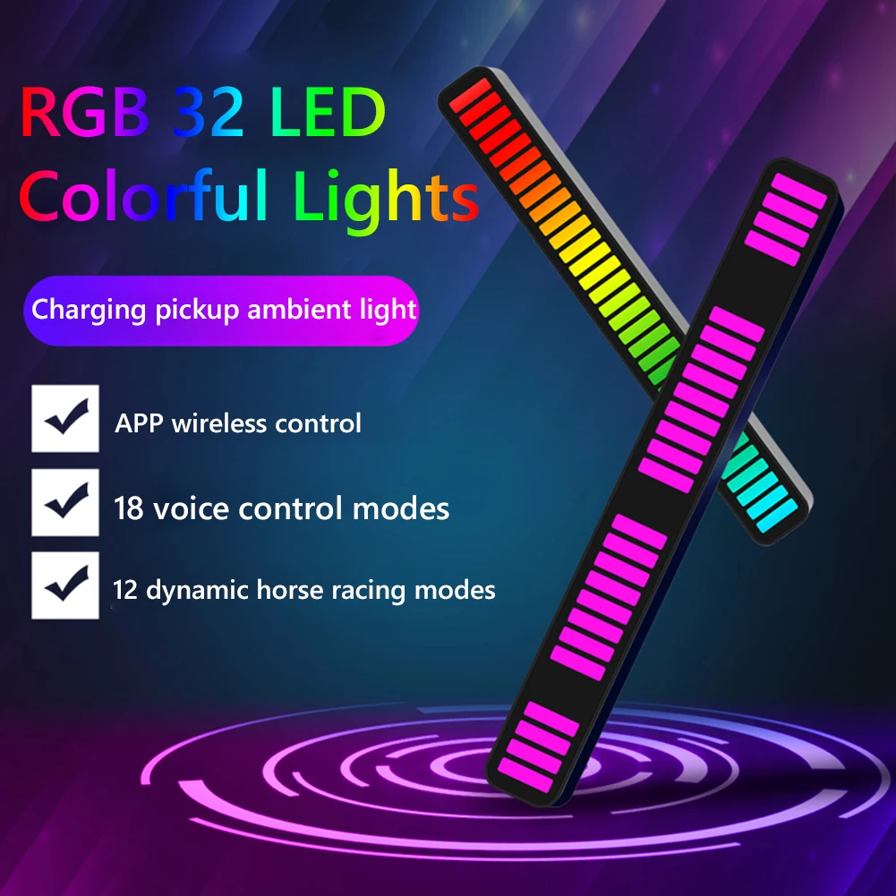 

32LED Strip Pickup Rhythm Lights RGB Colorful Tube Sound-Activated USB Music Atmosphere Light Bar Ambient Night Lamp APP Control