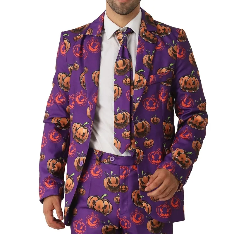 

Men Evil Pumpkin Printed Holiday Carze Suit Adult Boys Personalized Exaggerated Party Dress Up Outfit Halloween Cosplay Costumes