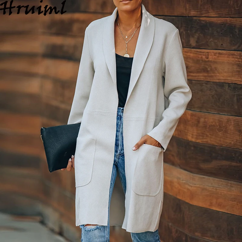 

Women Trench Coat Casual Long Sleeve Turn-down Collar Female Jackets Autumn Winter Long Coat Pocket Open Stitch Tops Office Lady