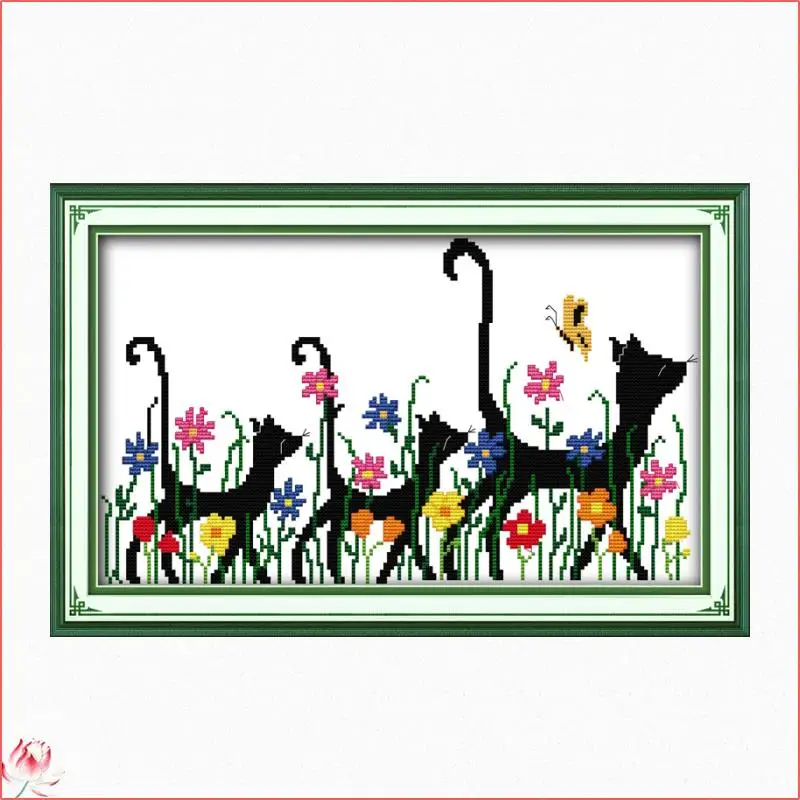 

Three Little Kittens And Flowers Cross Stitch Kits Counted Canvas Embroidery Sets 11CT 14CT DIY Handmade Needlework Home Deco