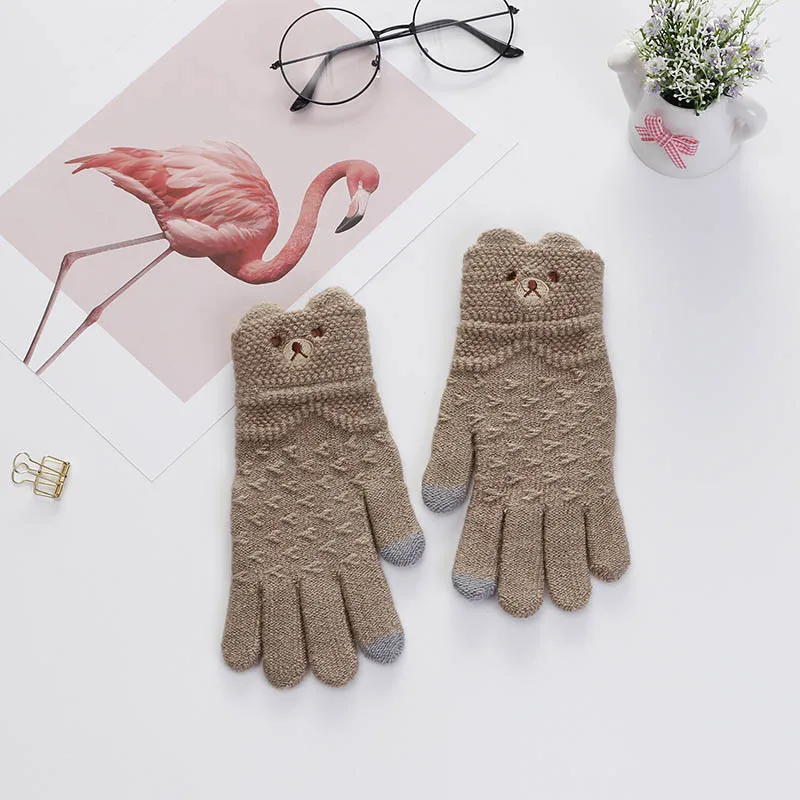 Женские зимние перчатки с милым медведем мягкие вязаные мультяшным принтом