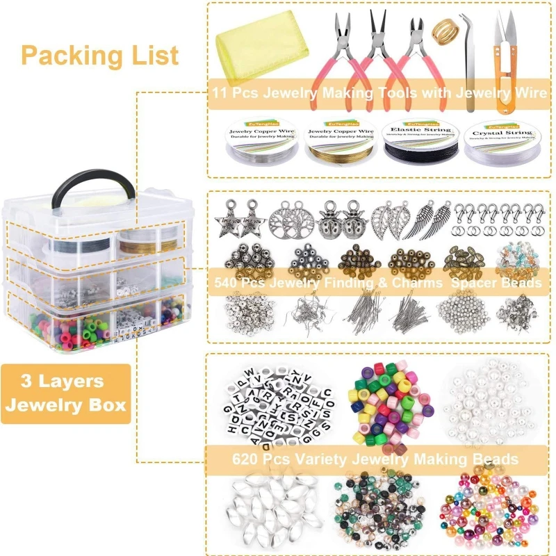 

Necklace Bracelet Earrings DIY Jewelry Making Supplies Kit with Assorted Beads Charms Findings Wire Cord Pliers