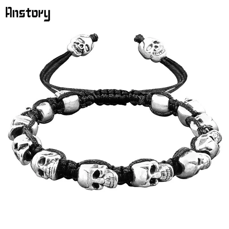 Aliexpress - Smile Skull Skeleton Bead Bracelets Strand Vintage Boho Antique Silver Plated Handmade Rope Woven Craft Fashion Jewelry