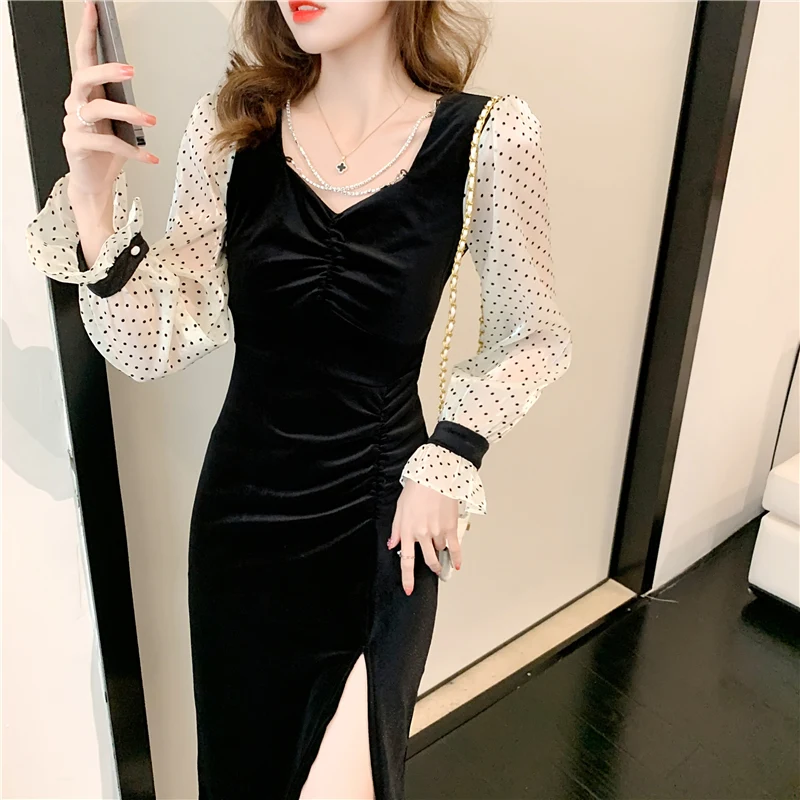 

Женское цельнокроеное платье, новое офисное платье в корейском французском стиле с длинным рукавом и высокой талией, платья на молнии, зима ...