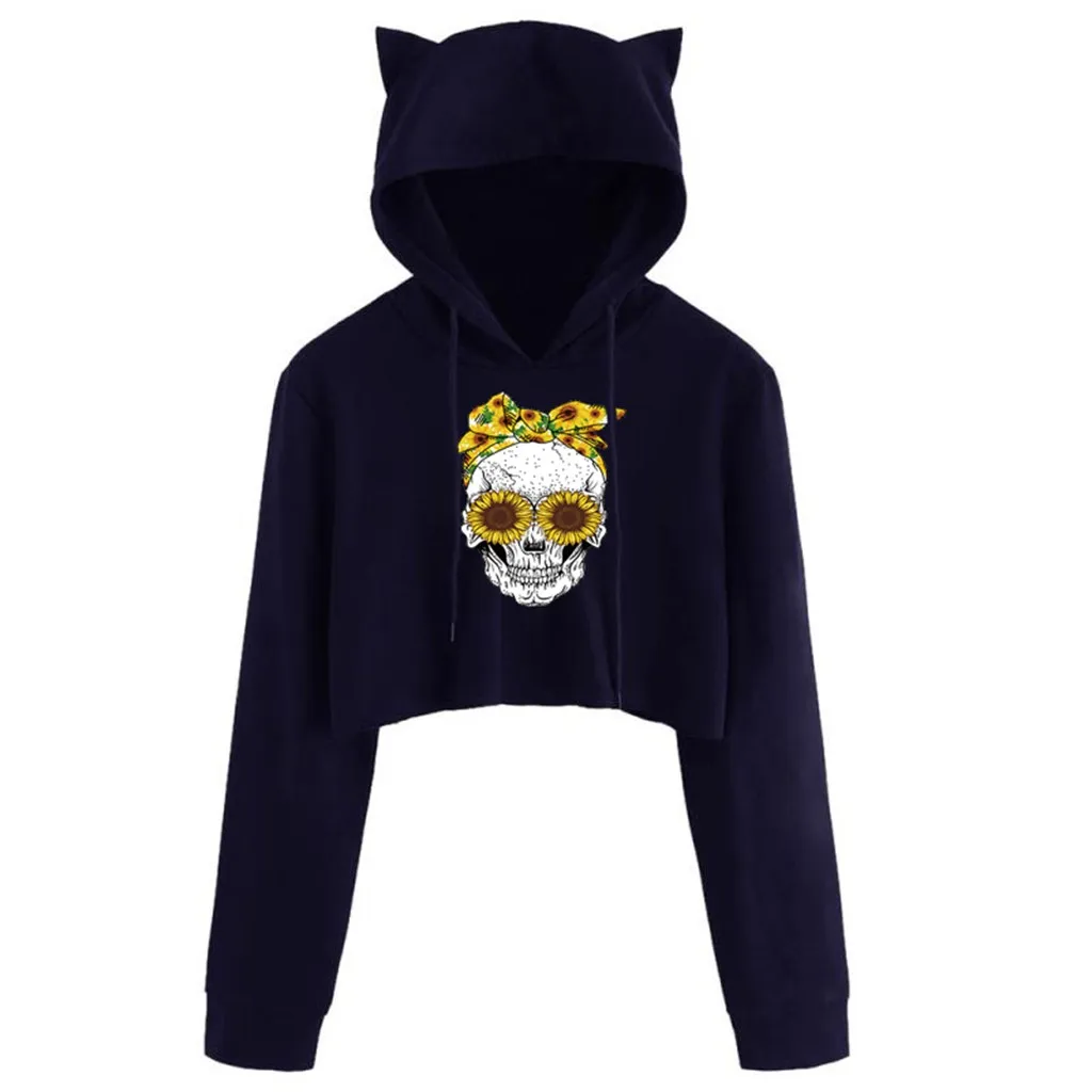 2020 Модные женские короткие толстовки с длинным рукавом и принтом черепа Пуловеры