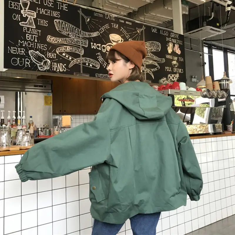 

New Spring Hooded Bomber Jacket Women Unisex Loose Jacket Student BF Harajuku Coat Oversize Jacket Female Basic Coats