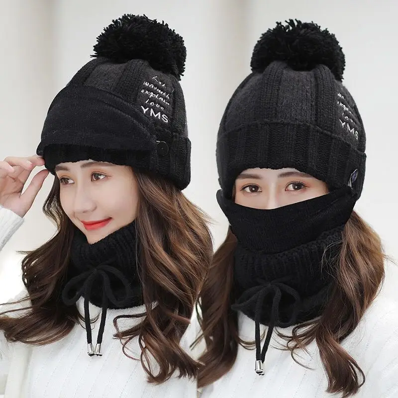 

Winter Hats Women Winter Knit Beanies Hat with Bib and Mask Female Ear Protection Skullies Hat Warm Velvet Thick Riding Wool Cap