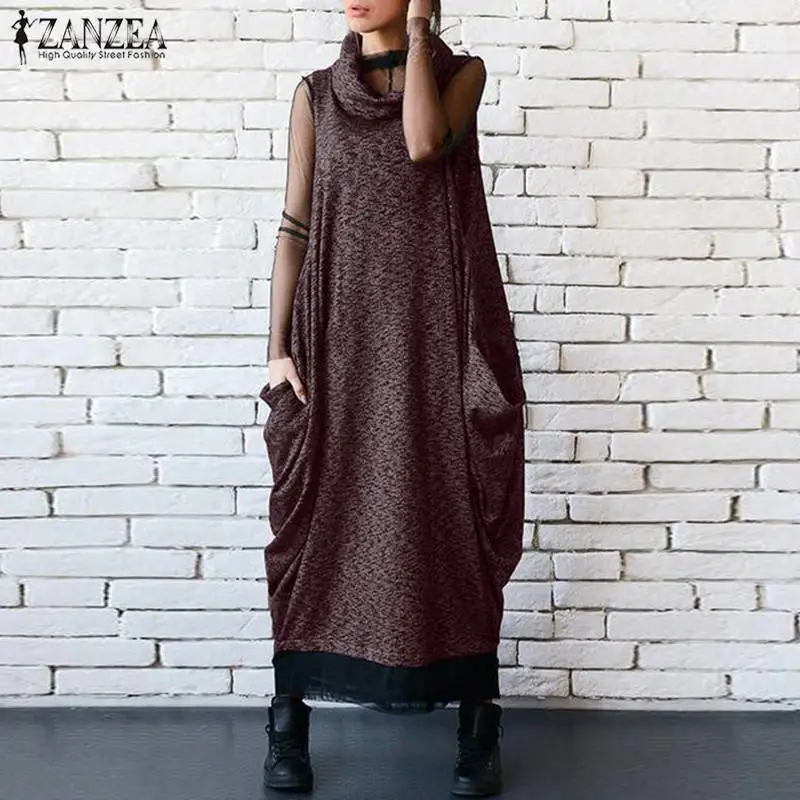 Wine Red ZANZEA размера плюс Макси платье женский сарафан лето осень водолазка мешковатые Vestidos женское вечернее платье без рукавов Халат 5XL - Цвет: Wine Red