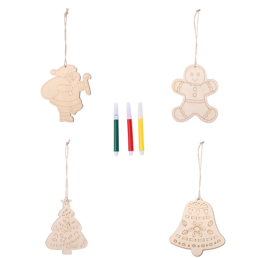 5pcs Wooden Kids DIY Color Painting Christmas Ornaments Cute Santa Claus Graffiti Art Crafts Toys Pendants Xmas Tree Decoration