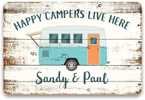 

aianhe Personalized Happy Campers Live Here Sign Custom RV Welcome Vintage Metal and Wood Sign Wall Decor