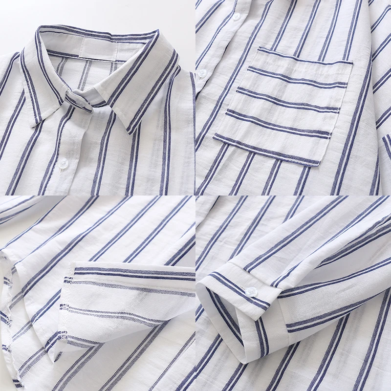 

Spring New Women Vintage Loose Striped Shirt Long Sleeve Turn-down Collar Button Up White Blouse Autumn Casual Tops T09410F