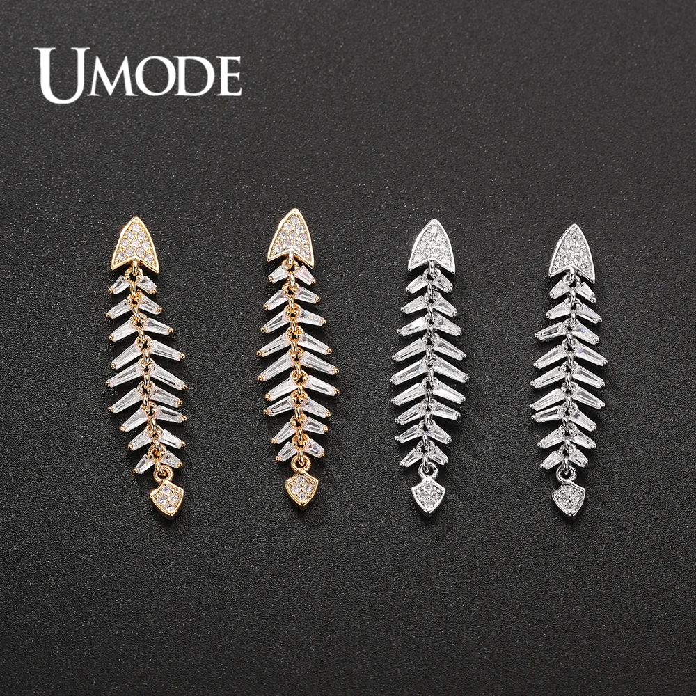

UMODE New Paved CZ Crystal Fish Bone Drop Earrings for Women Fashion Gold Color Dangle Earring Jewelry Birthday Dating UE0652