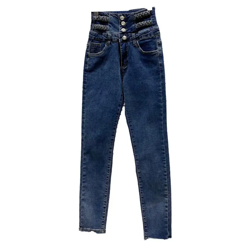 

SHENGPALAE Spring 2021 Women New Jeans Fashion Knitting Rope Button Decoration High Waist Casual Slim Denim Pencil Pants RD798