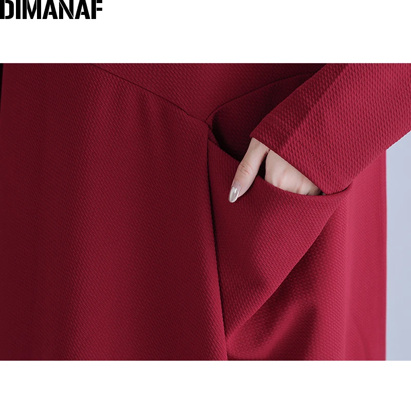 

DIMANAF Plus Size Women Dress Winter Turtleneck Casual Style Loose Lady Vestidos Solid Spliced Pockets Female Clothing Red 2019