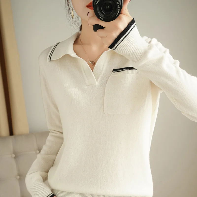 

Женский вязаный свитер, пуловеры из 100%-ной шерсти, джемперы с отложным воротником, женская зимняя Модная вязаная одежда