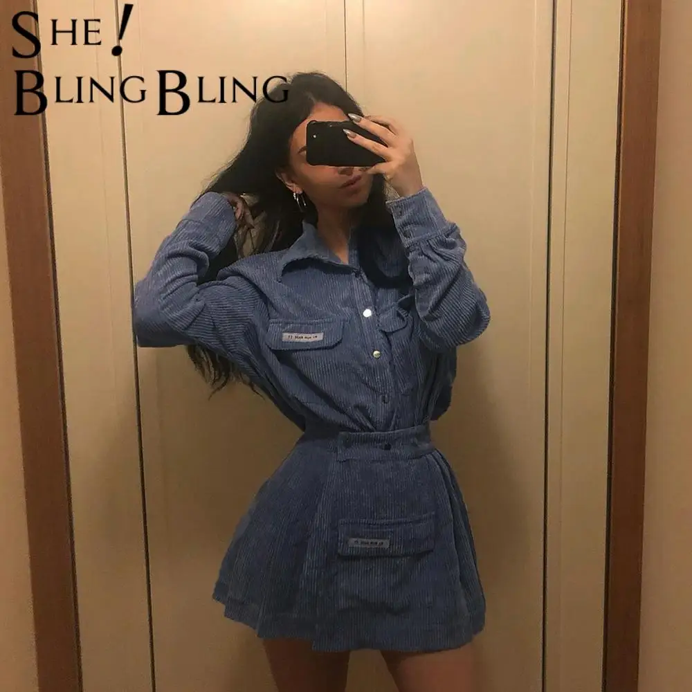 Модная женская джинсовая юбка SheBlingBling в рубчик Осень Зима Повседневное пальто с