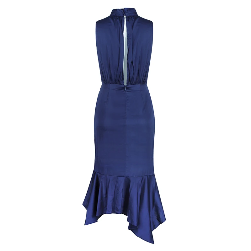 

INDRESSME Women Sexy Trumpet Mermaid Dress Stand Neck Lace Hollow Out Sleeveless Drapped Midi Party Dress Lady Fashion 2020