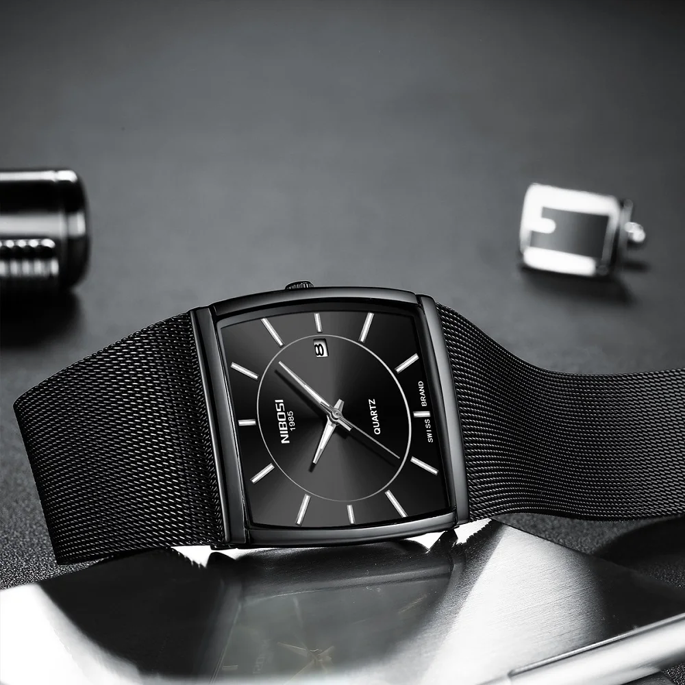 

NIBOSI Men's Watches Stainless Steel Mesh Strap Wrist Watch Casual Creative Square Watch Male Quartz Clock Relogio Masculino