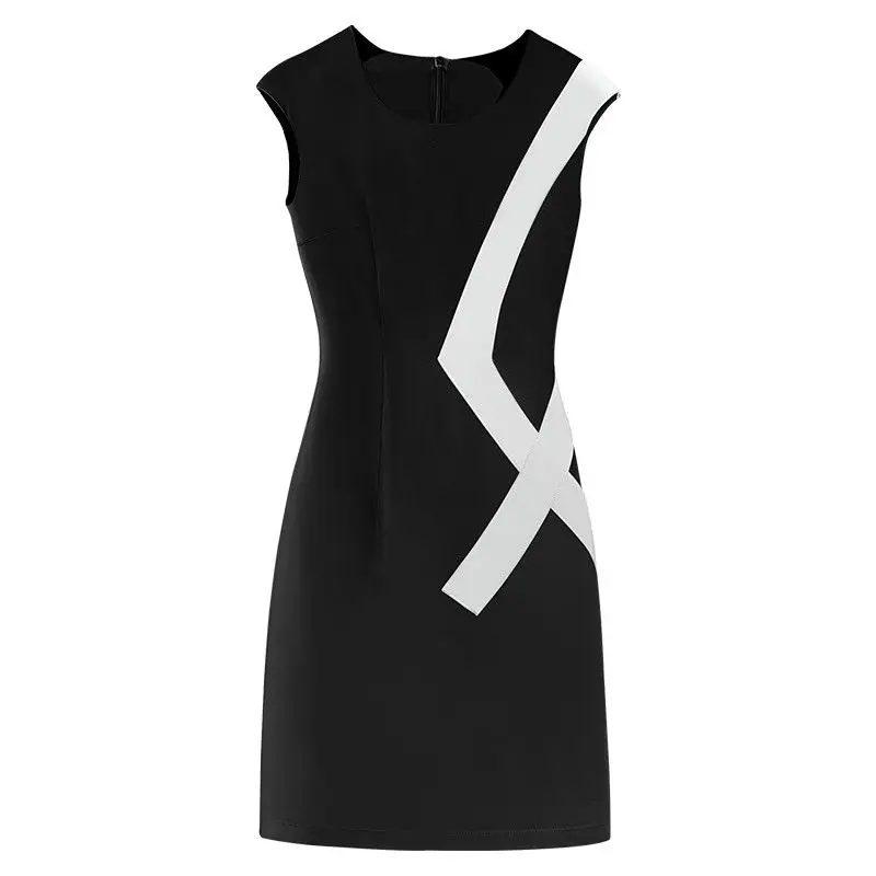 

2021 summer new large women's wear show thin age reduction round neck sleeveless skirt black and white stitching short dress