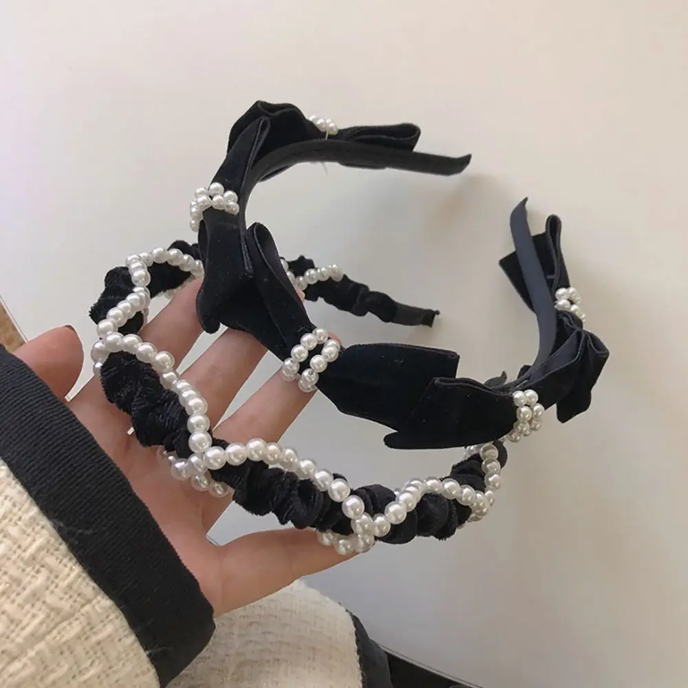 

Luxury Headdress Girls Hairband Wash Face Bows Pearl Hair Hoop Velvet Women Hair Accessories Korean Style Headband