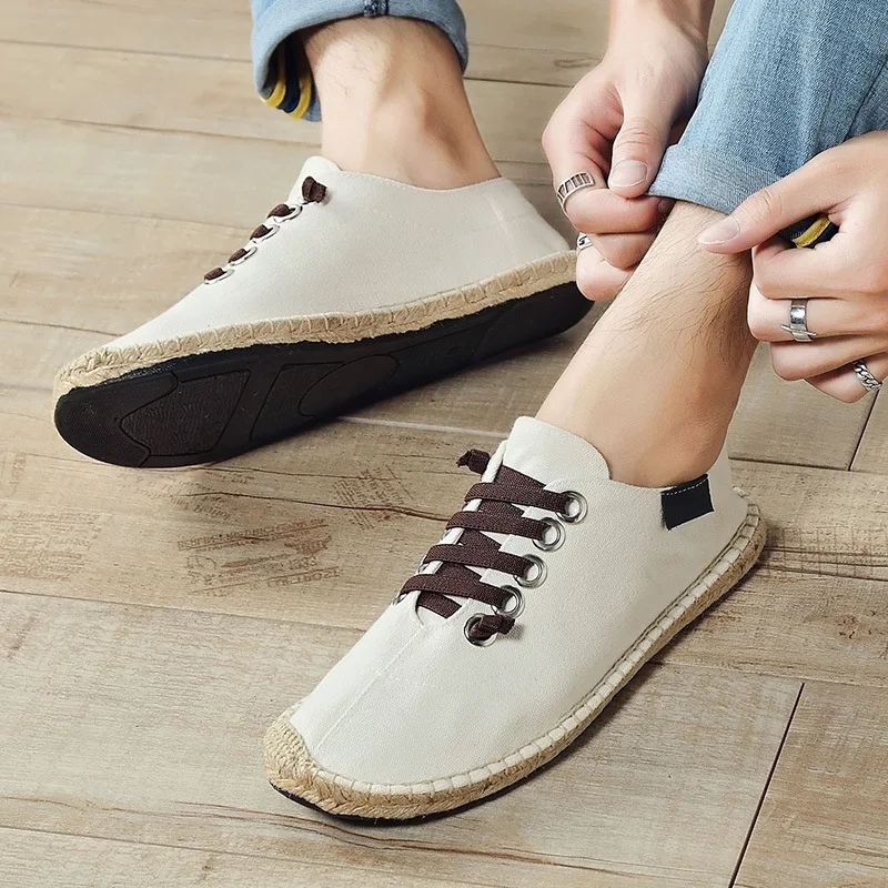 

2022 Canvas Shoes Men Flat Casual Footwear Breathable Hemp Lazy Shoes Cool Young Man Shoes Cloth Footwear Black Blue
