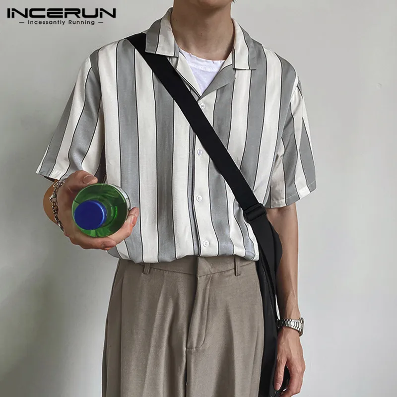 

Корейский стиль мужские сапоги для отдыха с полосками из чёрно-кнопка Camisa INCERUN Для мужчин короткий рукав Полосатые рубашки 2021 летняя Осення...