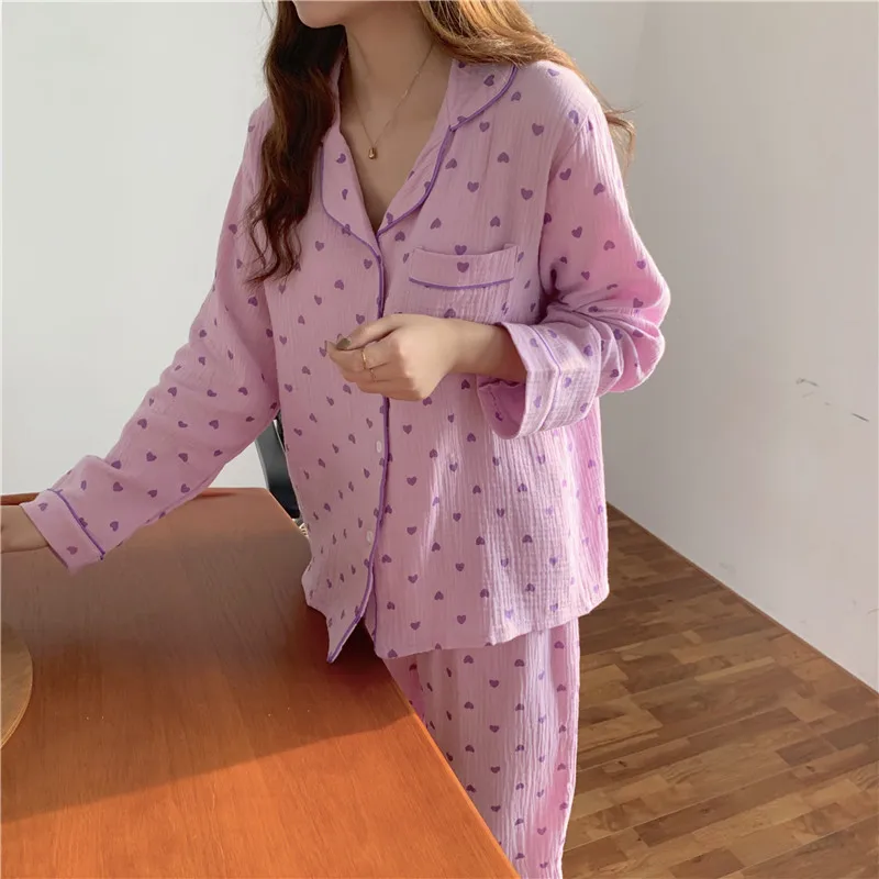 women home suit cotton pajamas set autumn winter sleepwear long sleeve shirts pants pyjamas comfortable cute love heart