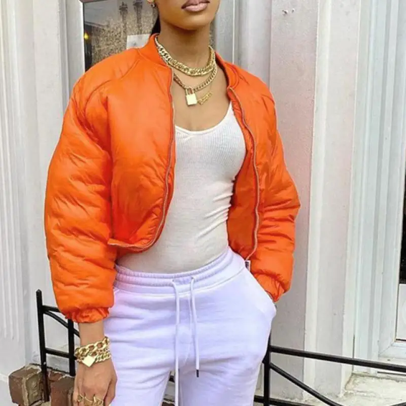 

2021 Autumn Winter New Women Parkas Solid Zipper Pocket Stand Collar Long Sleeve Short Jacket Fashion Simple Slim Padded Jacket