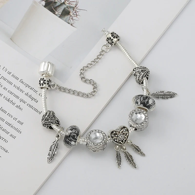 

Simple Feather Charm Beads Fits Silver Plated Snake Chain Charm Bracelet For Women DIY Romantic Summer Style Jewelry Gift
