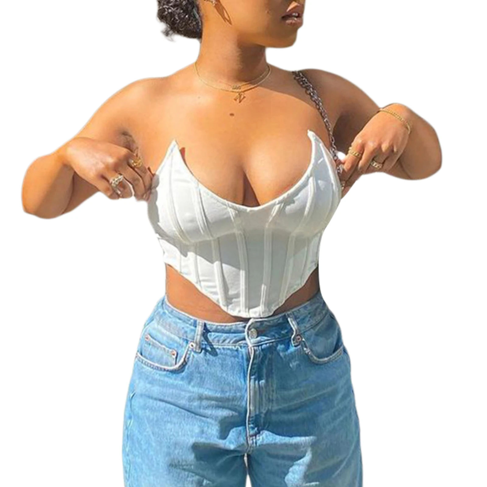 

Women Close-fitting Strapless Tanks, Sexy White Solid Color Sleeveless Off-the-shoulder Tube Tops, S/ M/ L