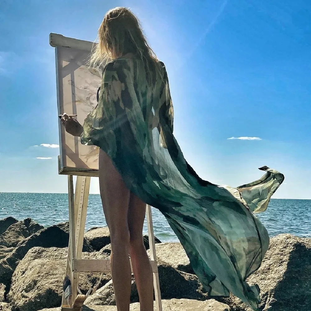 

2021 Boho Print Chiffon Tunic Sexy Bathing Suit Cover-ups Plus Size Beach Wear Kimono Dress Women Summer Swimsuit Cover Up A793
