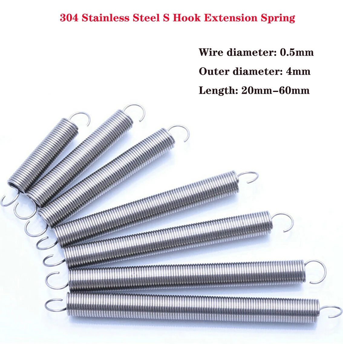 

10Pcs Wire Dia 0.5mm S Hook Extension Spring 304 Stainless Steel Cylindroid Helical Pullback Tension Coil Spring Length 20-60mm