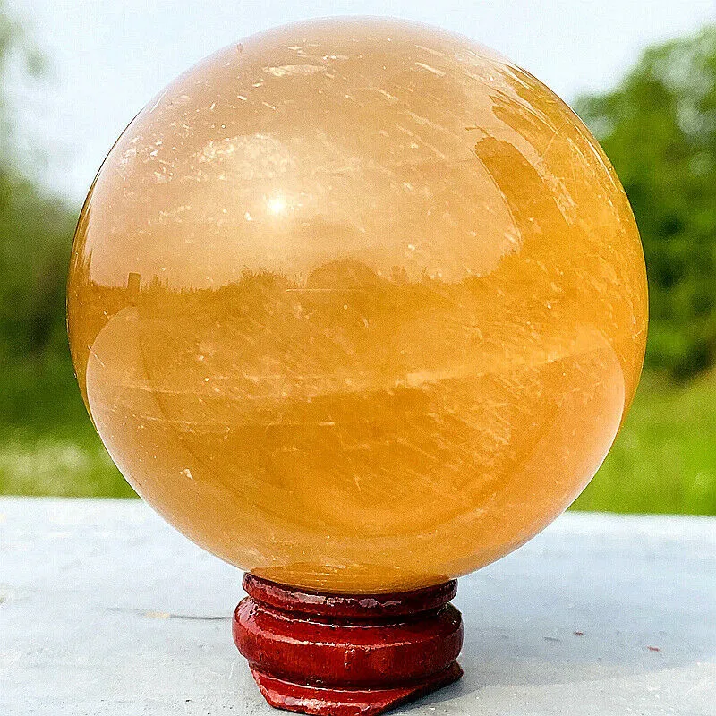 3-10cm Natural Citrine Calcite Quartz Crystal Sphere Ball Healing Gemston Home Decor+ wood bracket