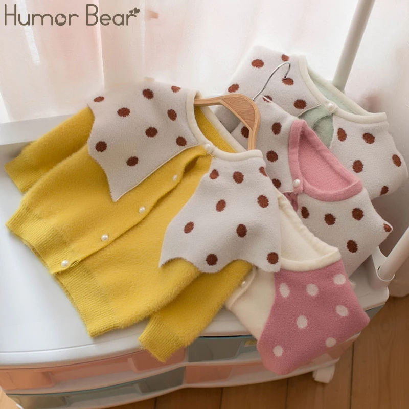 Humor Bear/новая осенне-зимняя детская одежда в Корейском стиле Детский свитер кардиган в горошек с воротником для девочек, Детский комплект из 2 предметов