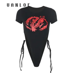 Женский боди с принтом дракона, Черный Повседневный облегающий боди с коротким рукавом, лето 2020