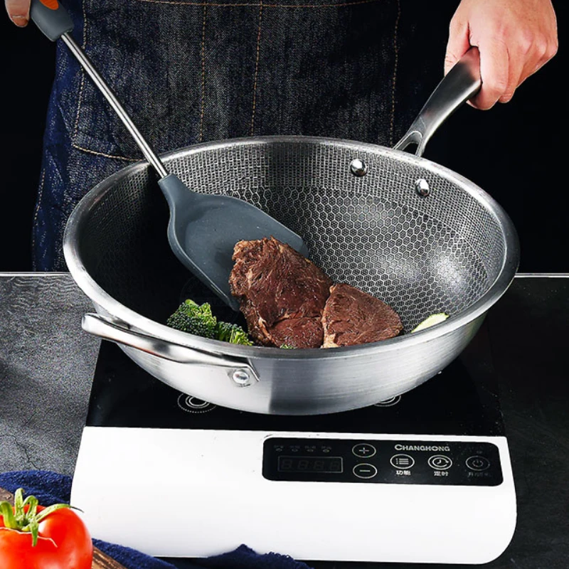 

Stainless steel wok Uncoated non-stick pan Induction compatible kitchen frying pan Suitable for gas stove and induction cooker