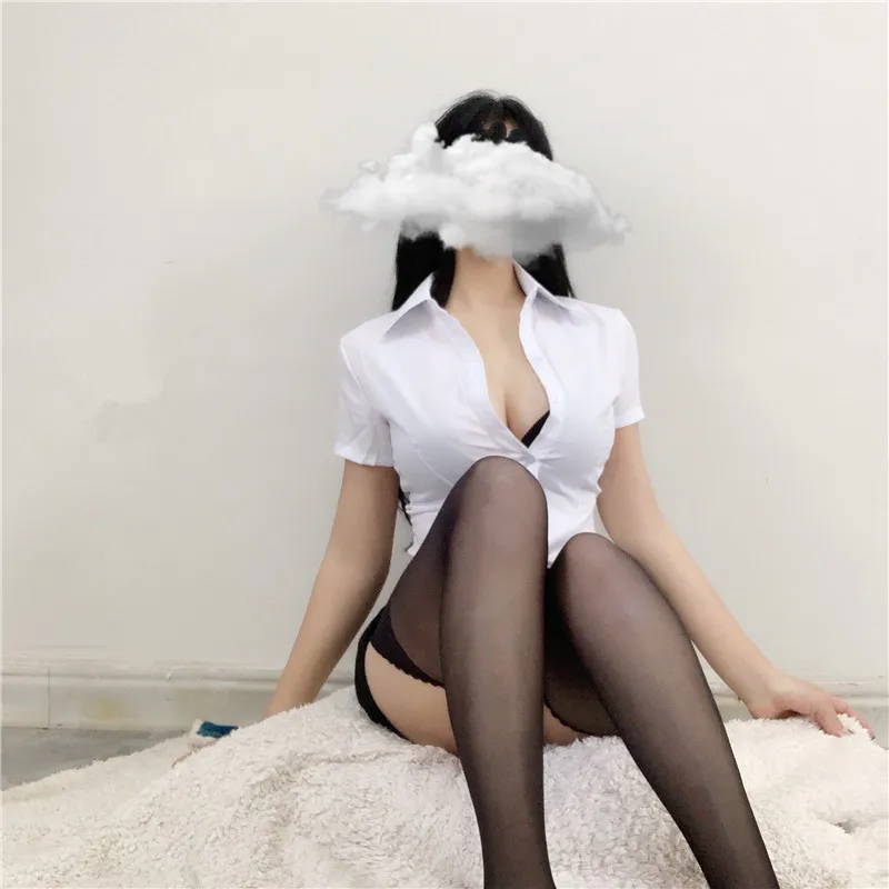 

Role Playing Teacher Sexy White Short Sleeve Shirt Tops Blouse Buttons+black Lace Simple Mini Skirt+Gift Eyes Two-piece Suit QS8