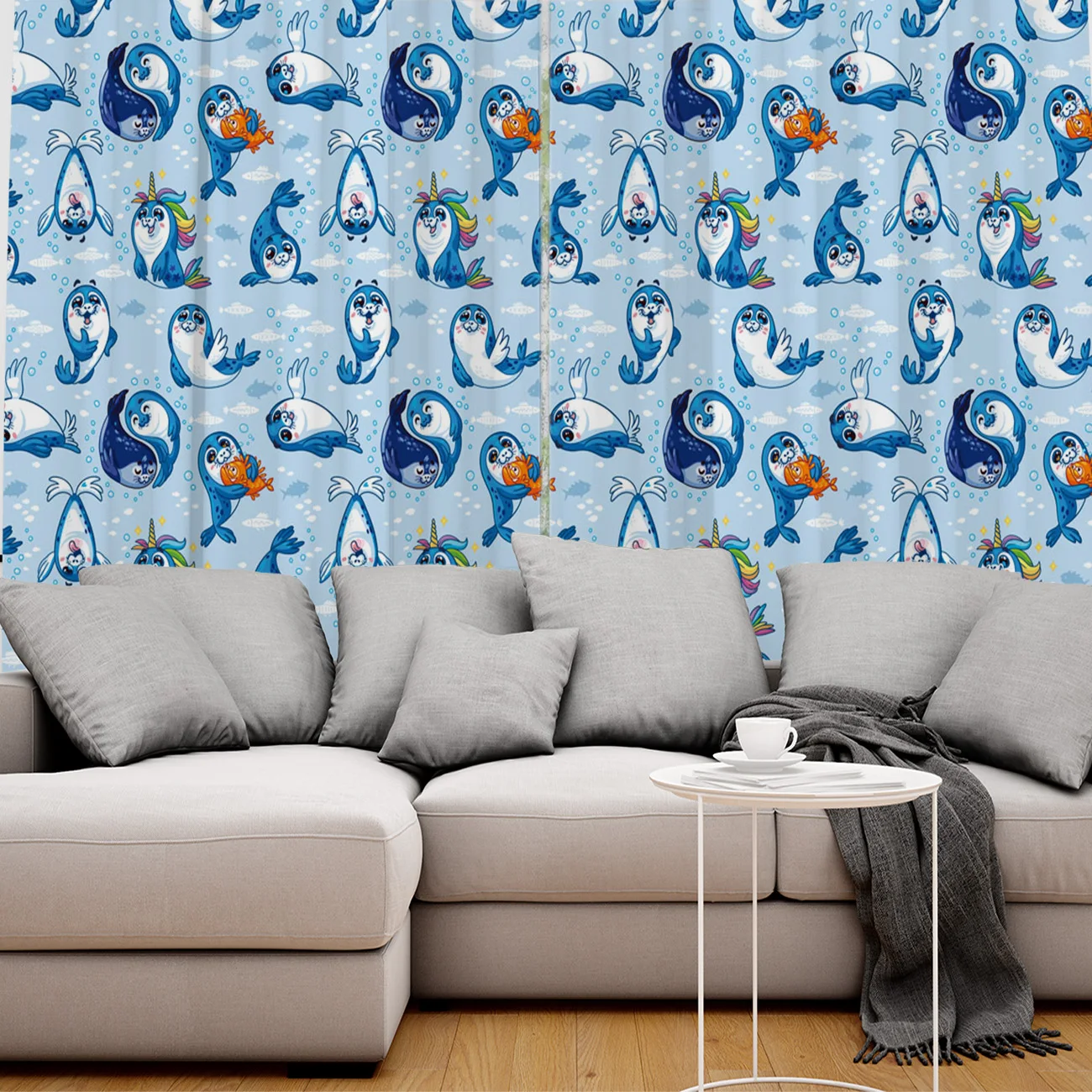 Шторы с мультяшным принтом занавески морскими котиками китами для гостиной