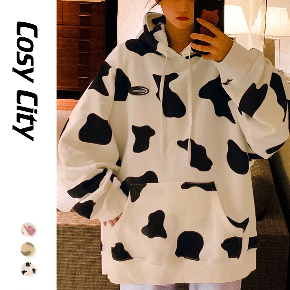 

Cow Oversize Hoodie Women Sweatshirt With Hood Pullovers Hooded Sweater Kawaii Female Long Sleeve Top Kpop Autumn Streetwear