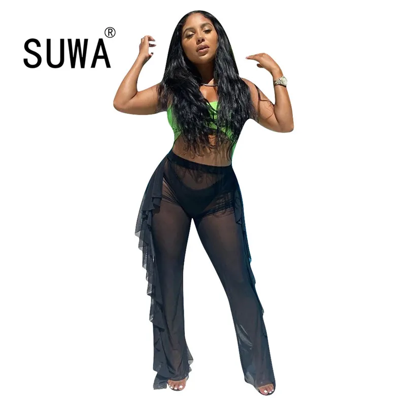 Прозрачные расклешенные сетчатые летние пляжные длинные брюки новинка 2020