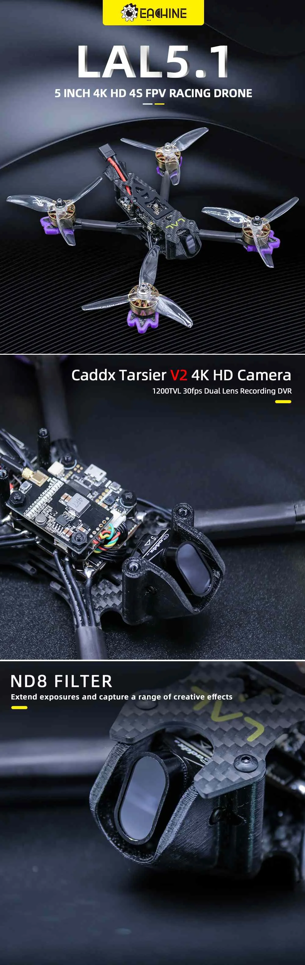 Eachine LAL5.1 225 мм 5,1 дюймов 4S FPV Дрон с самонастраиваемым устройством F405 Bluetooth Tarsier V2 Cam 2507 2600KV 50A Blheli_32 с диагональю экрана 3-6S 5,8G VTX